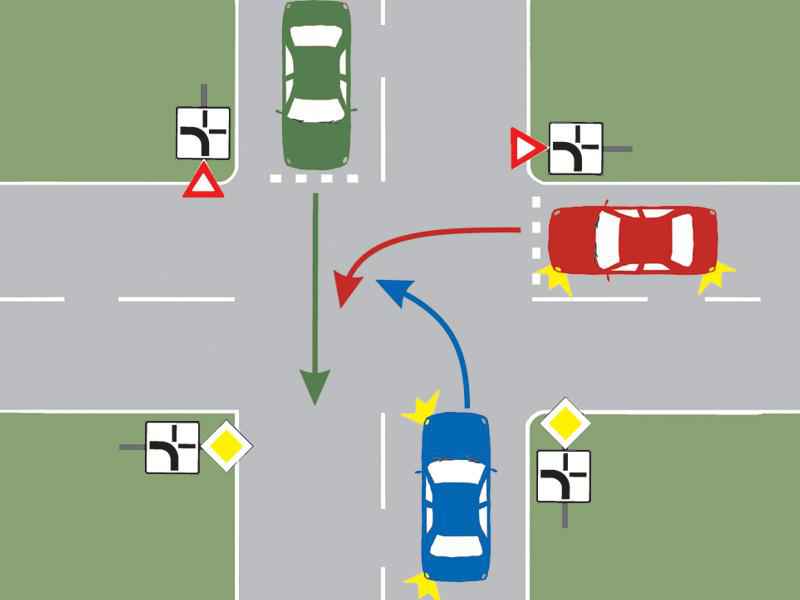 Imaginea întrebării: În ce ordine trec prin intersecția prezentată cele trei autovehicule?