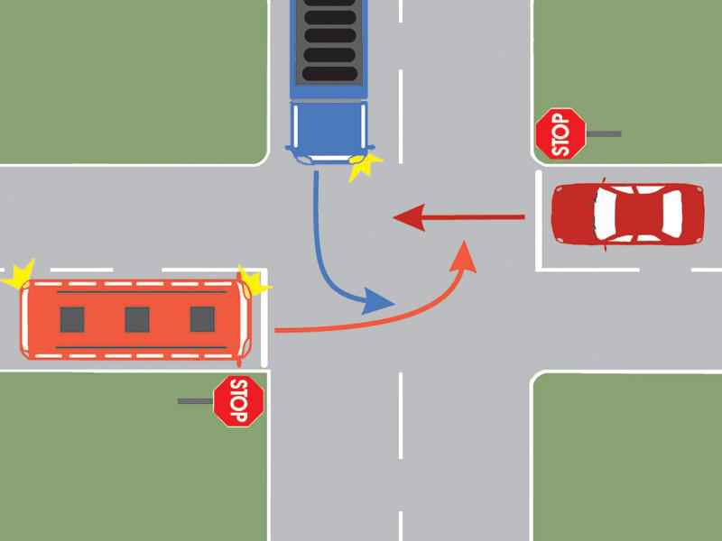Imaginea întrebării: Care dintre autovehicule va intra ultimul în intersecție?