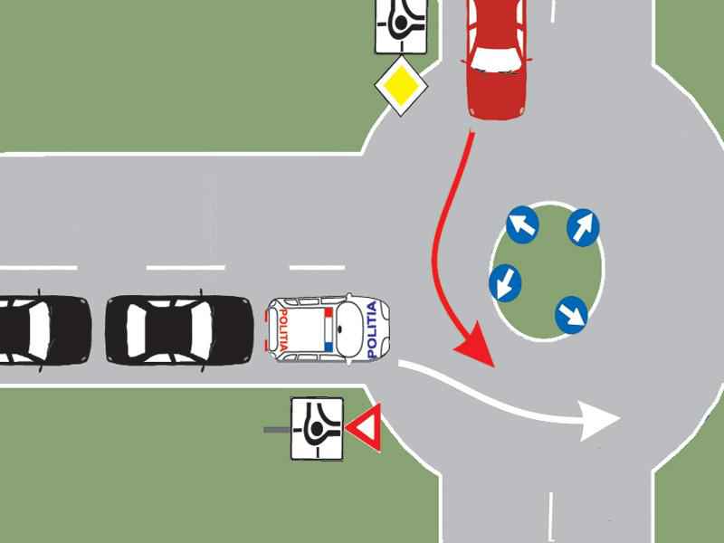 Imaginea întrebării: Cum procedați dacă vă aflați în autoturismul roșu și observați că de pe drumul fără prioritate se apropie o coloană cu regim prioritar?
