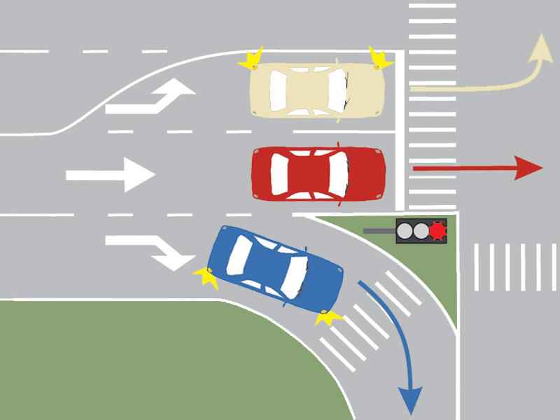 Imaginea întrebării: Care autoturism își continuă deplasarea prin intersecție?