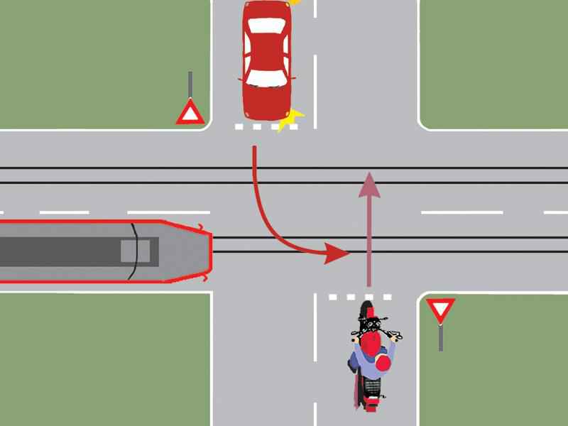 Imaginea întrebării: Care dintre cele trei vehicule va trece ultimul prin intersecție?