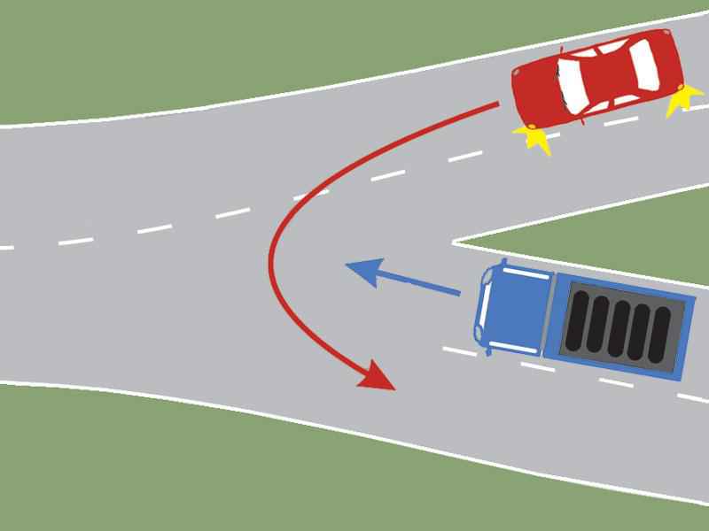 Imaginea întrebării: Care dintre autovehicule va intra primul în intersecție?