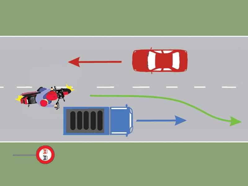 Imaginea întrebării: Motociclistul depășește corect autocamionul?